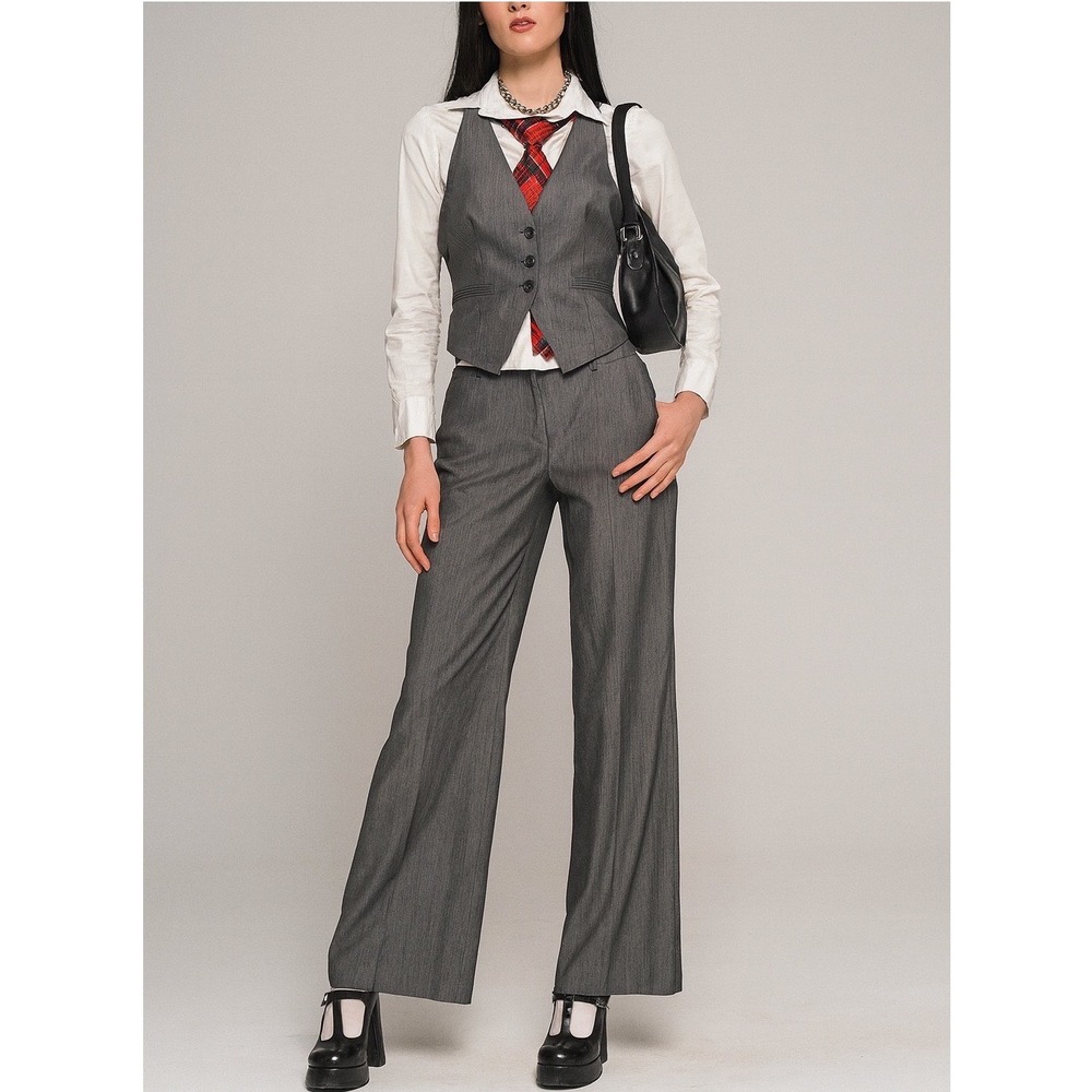 Y2K Nine West Waistcoat‎ Pants Set Womens 4 Pinstripe Gray office siren NEW